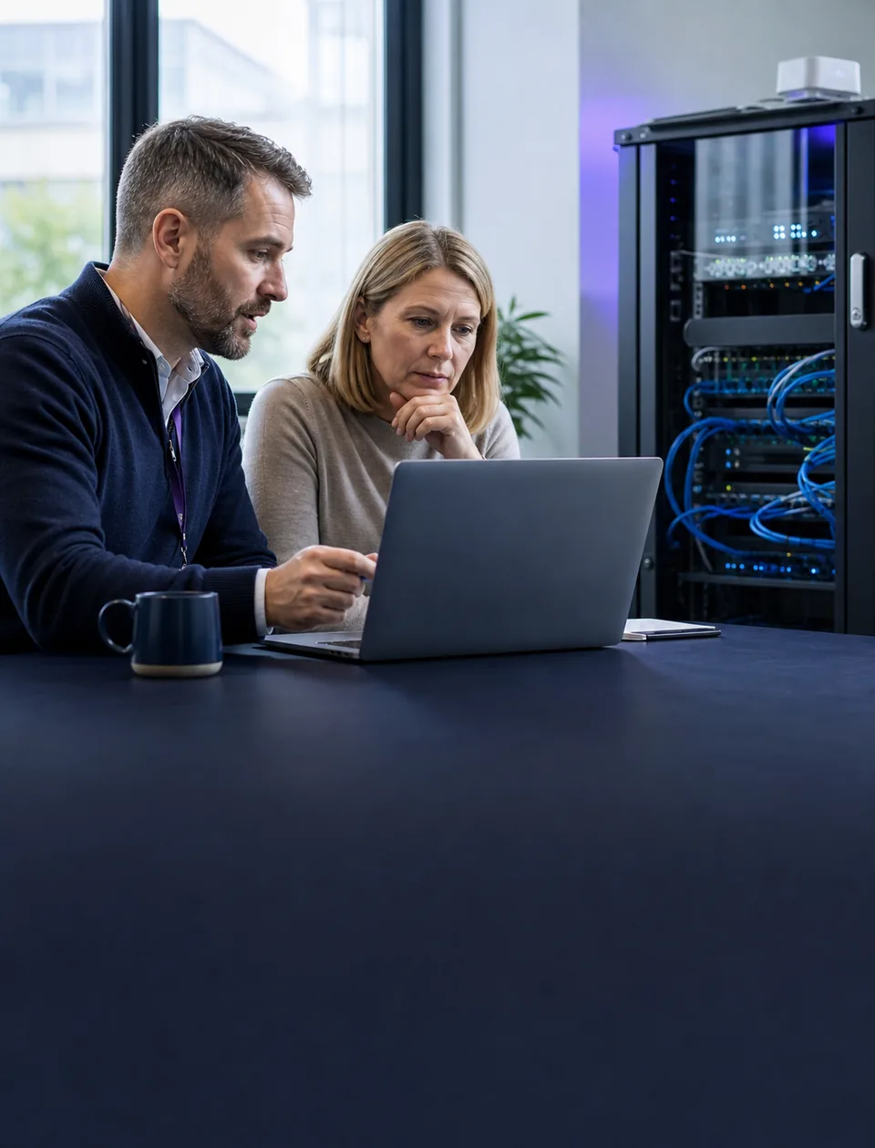 IT consultant guiding a business owner through cloud infrastructure