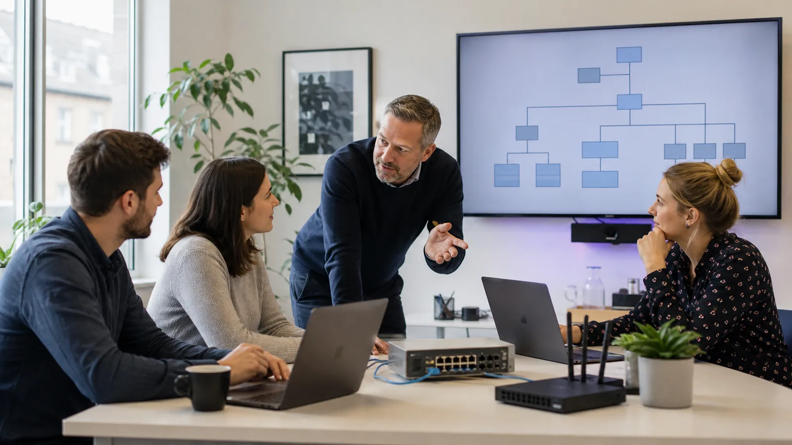 Team reviewing cloud infrastructure for a small business