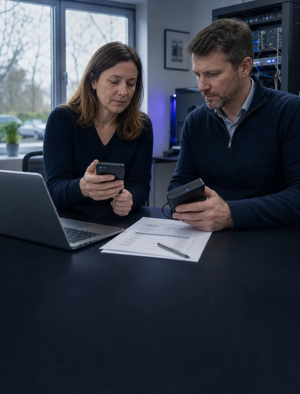Business owner and IT consultant testing backup and authentication