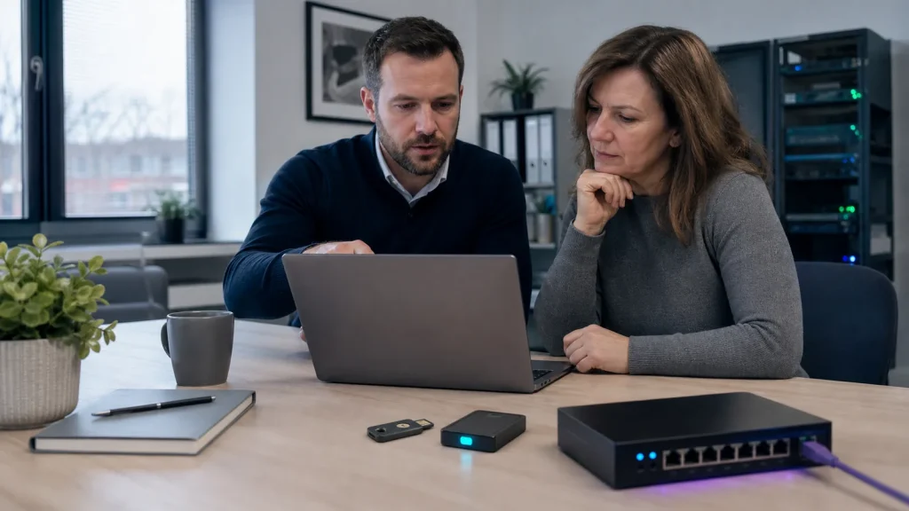 Cybersecurity review with a security key, backup drive and network equipment