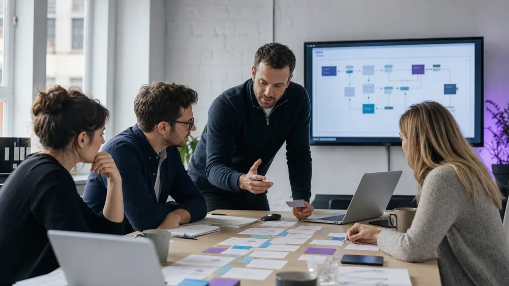 Small-business team planning a digital transformation workflow