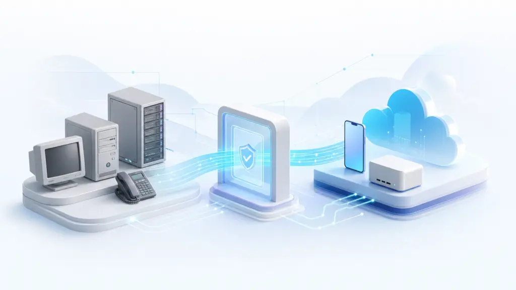 Illustration of business devices migrating to a secure modern platform