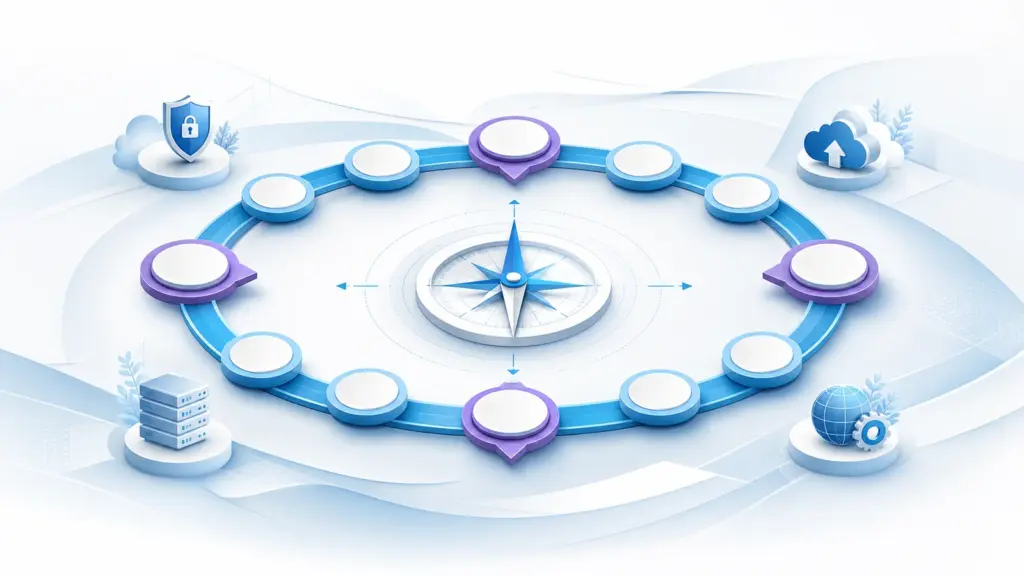 Illustrated 12-month IT strategy roadmap with connected technology milestones