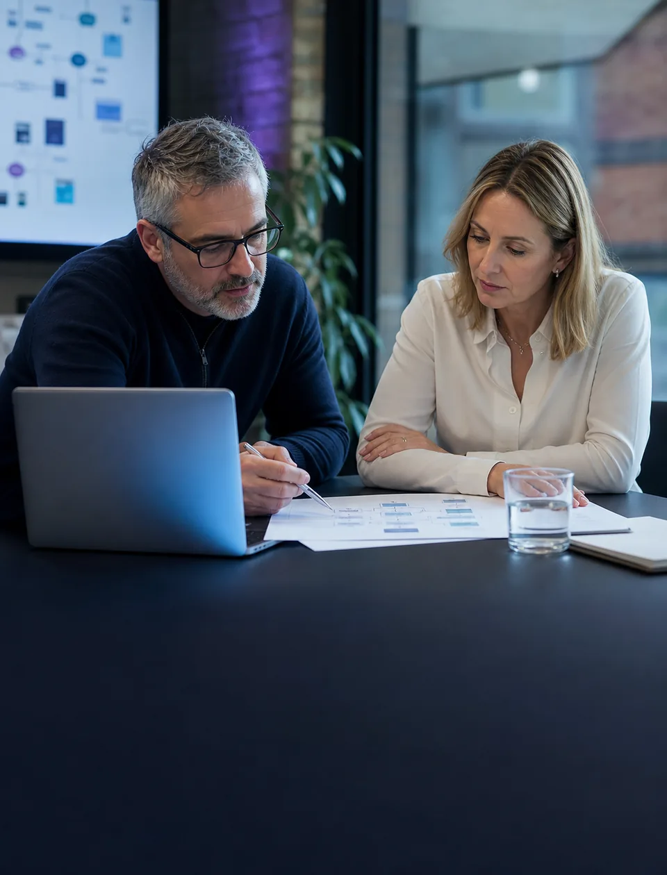 IT consultant and business owner reviewing a technology plan