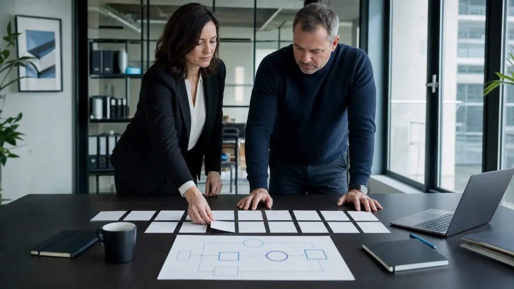 Business director and IT adviser arranging a 12-month technology roadmap