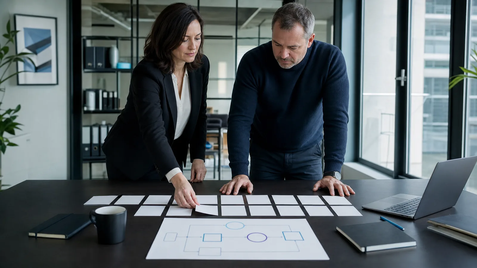 Business director and IT adviser arranging a 12-month technology roadmap