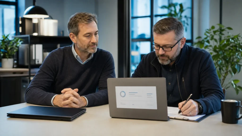Business owner and IT consultant reviewing Windows device migration options